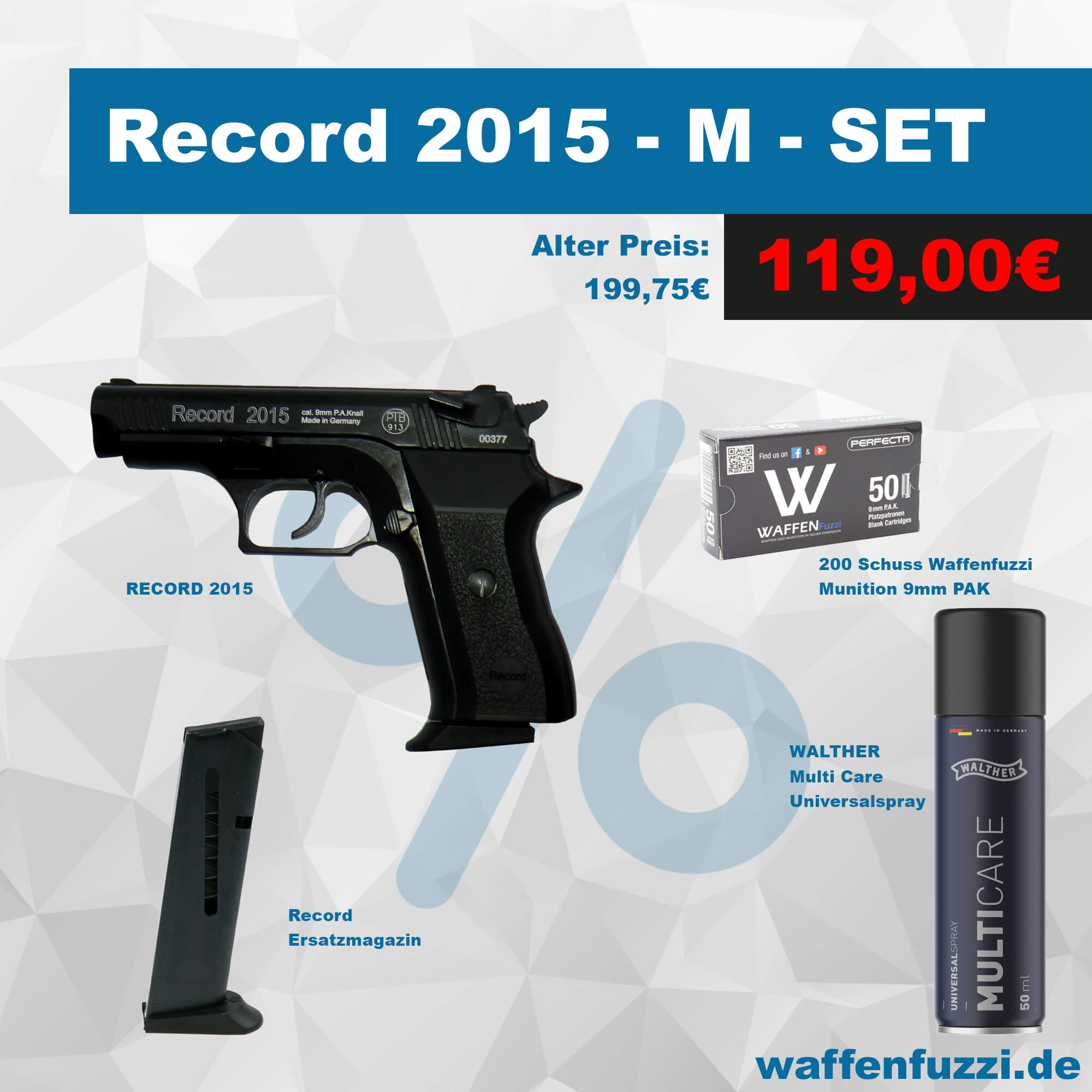 Record-2015-M-Set Record 2015 Schreckschusswaffen Set M bestehend aus 200 Schuss Munition + Pflegeöl + Ersatzmagazin