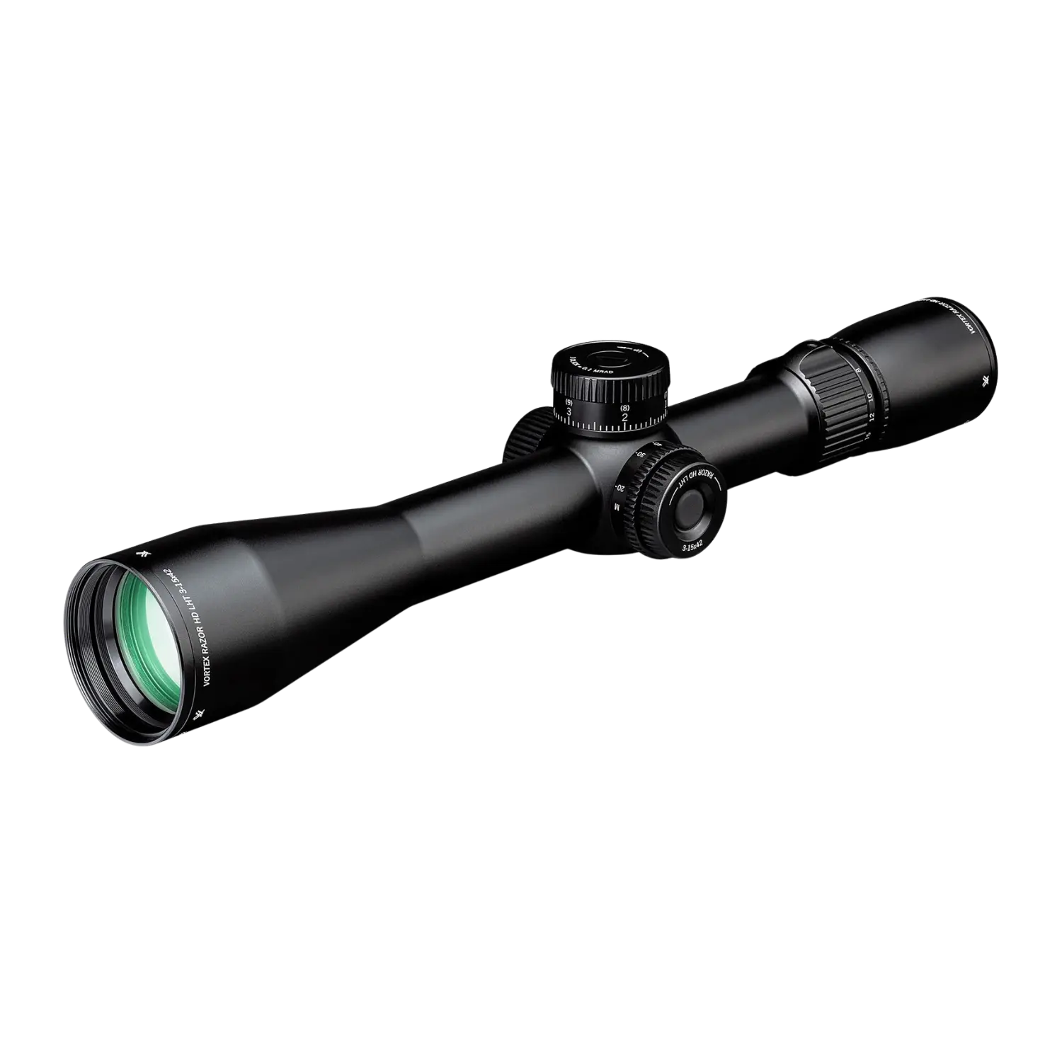 Vortex Razor LHT 3-15x42 Zielfernrohr in Schwarz mit einem langen, schlanken Gehäuse, einer verstellbaren Linse und einem Turm für die Höhenverstellung.