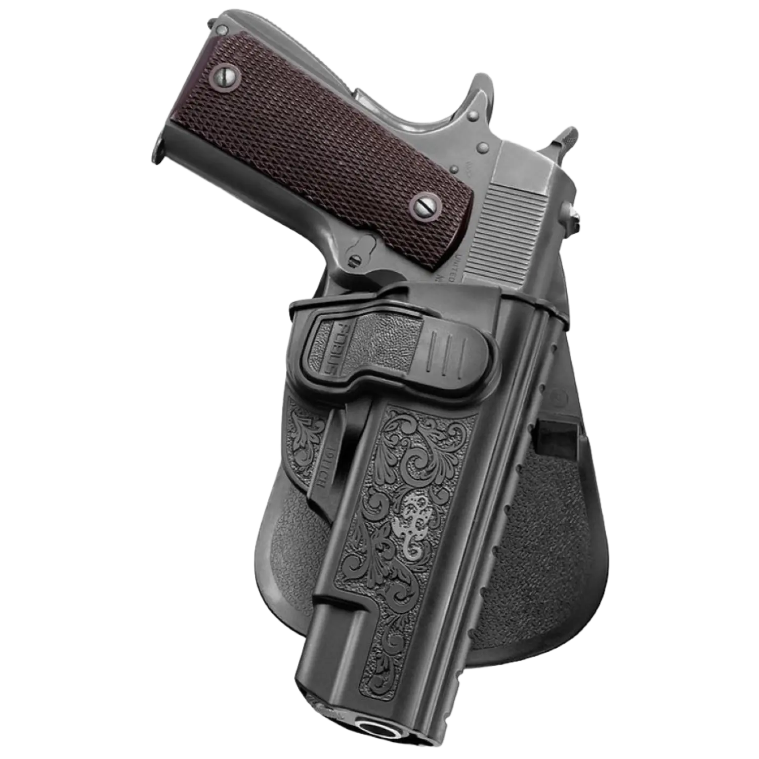 schwarzes Holster mit Verzierungen. Kurzwaffe steckt im Holster