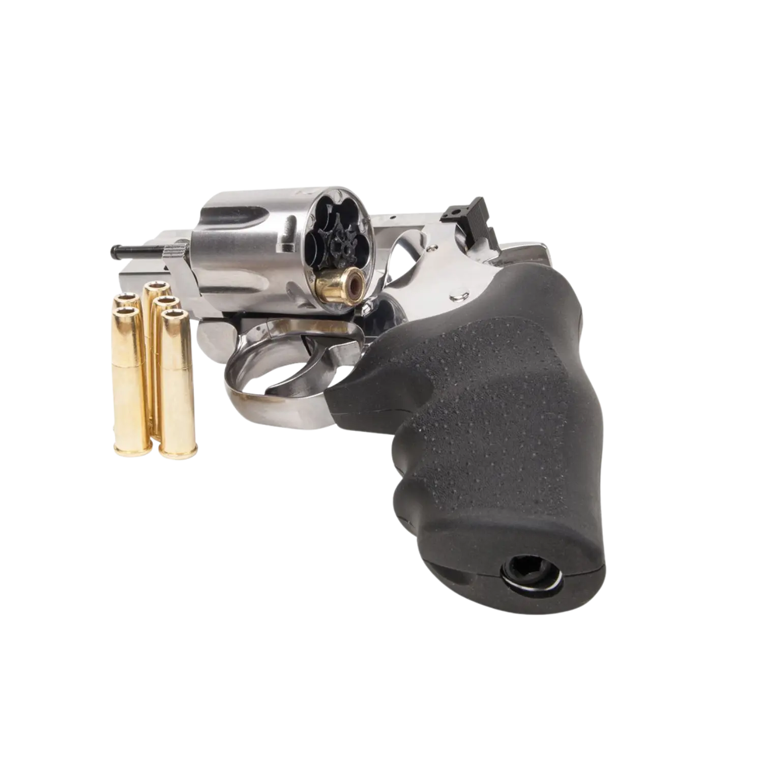 CO2-Revolver mit offenem Trommelzylinder und schwarzem Griff, daneben drei goldfarbene Patronenhülsen.