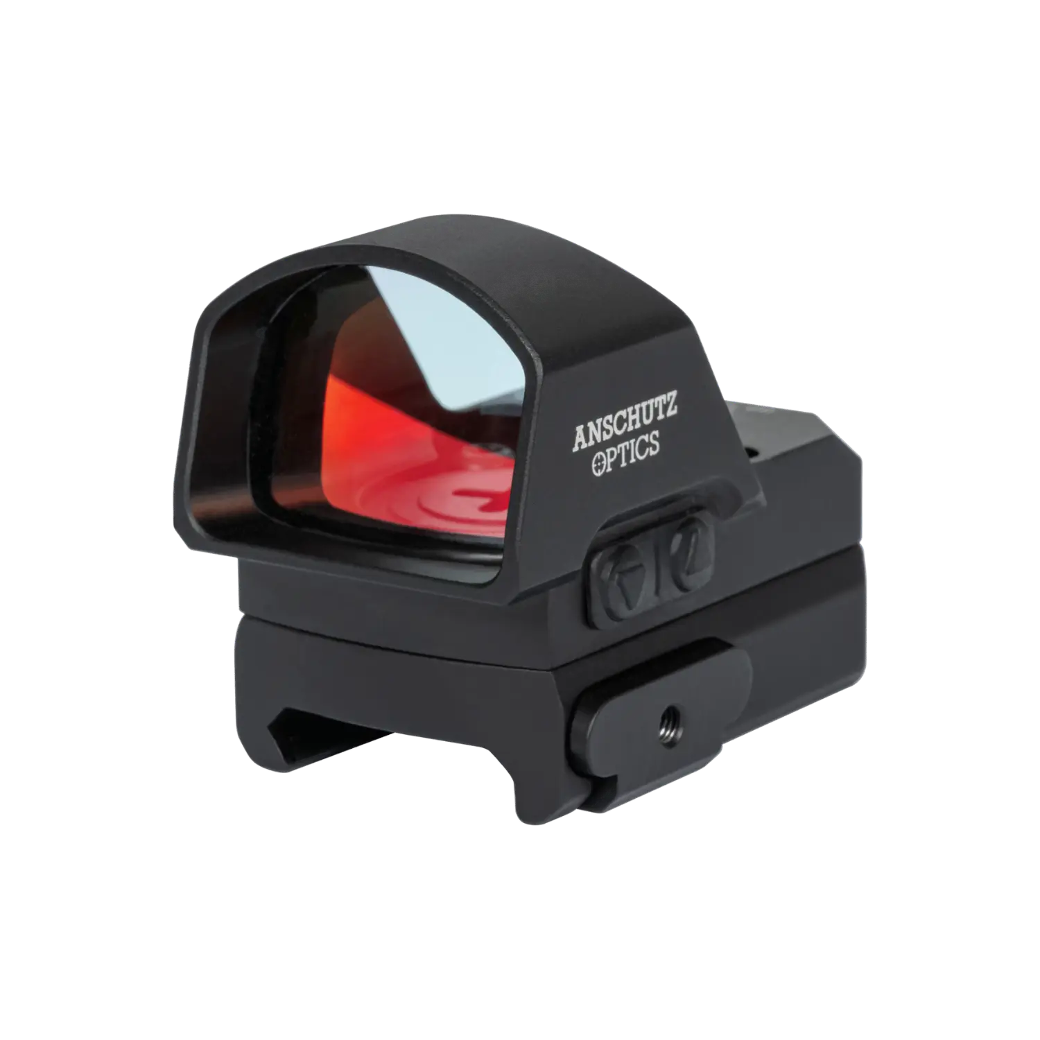 Reflex Pro Wide 28x20 Rotpunktvisier Zieloptik von Anschütz mit einem schwarzen rechteckigen Gehäuse und einem breitem Reflexglas. Sichtbare Einstellknöpfe und Markierungen.