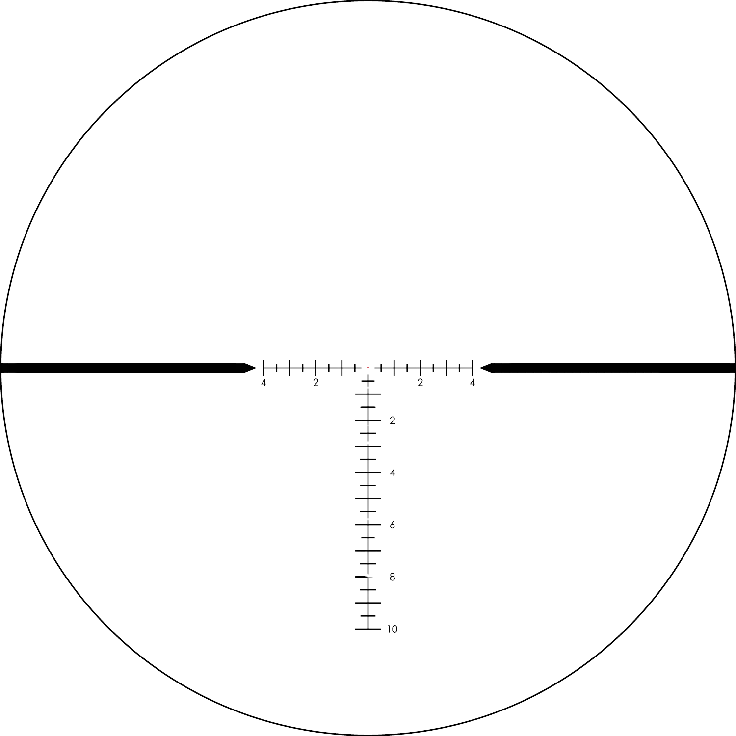 Nahaufnahme des Absehens RazorLHT HSR-5i mrad mit horizontalen und vertikalen Skalen sowie einem roten Punkt in der Mitte.