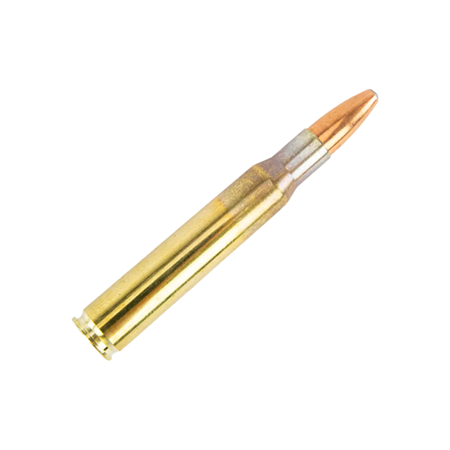 Geco Softpoint Kaliber .308 WIN. Jagdmunition 170gr Patrone vom Typ .308 Win mit einer goldenen Hülse und einer kupferfarbenen Geschoss-Spitze.