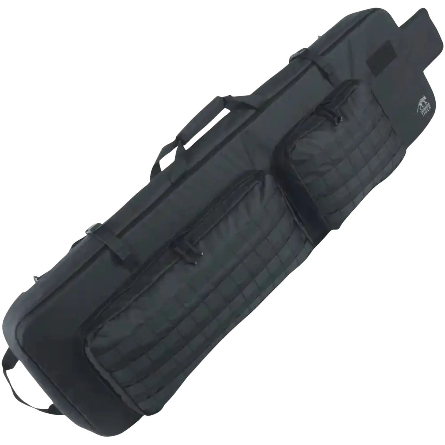 Schwarze Gewehrtasche von TT mit zwei großen, gepolsterten Außentaschen und Tragegriffen, rechteckige Form.