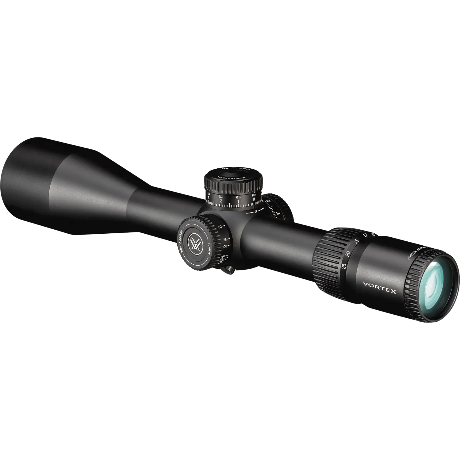 Vortex Zielfernrohr Venom 5-25x56 FFP, schwarz, mit verstellbaren Turmknöpfen und einem großen Objektiv. Ansicht Objetiv nach links ausgerichtet. Vortex Zielfernrohr Venom 5-25x56 FFP, schwarz, mit verstellbaren Turmknöpfen und einem großen Objektiv. Ansicht Objetiv nach links ausgerichtet.