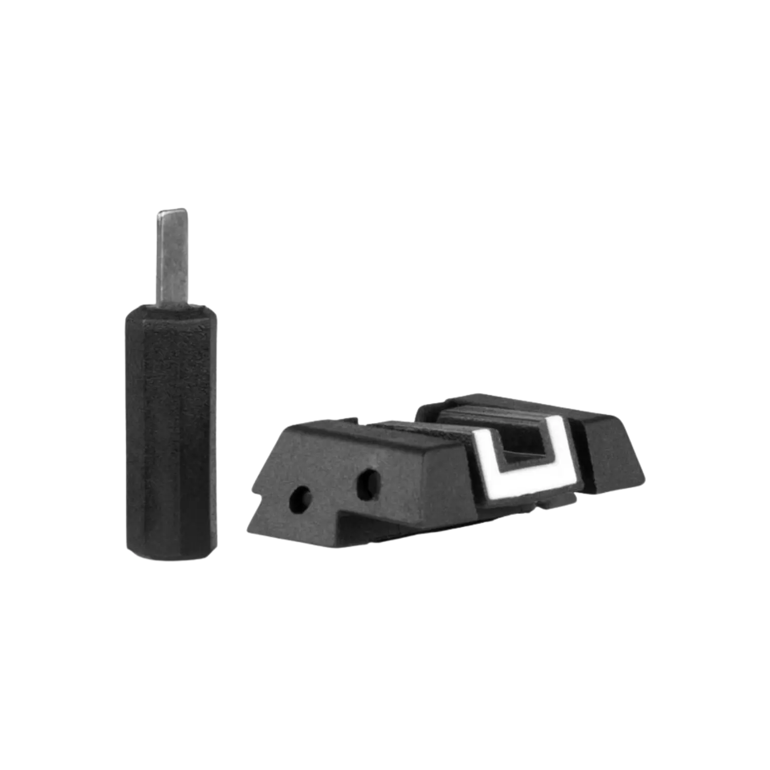 Glock verstellbare Kimme Verstellbare Kimme aus schwarzem Material mit weißer Markierung und passendem Einstellwerkzeug