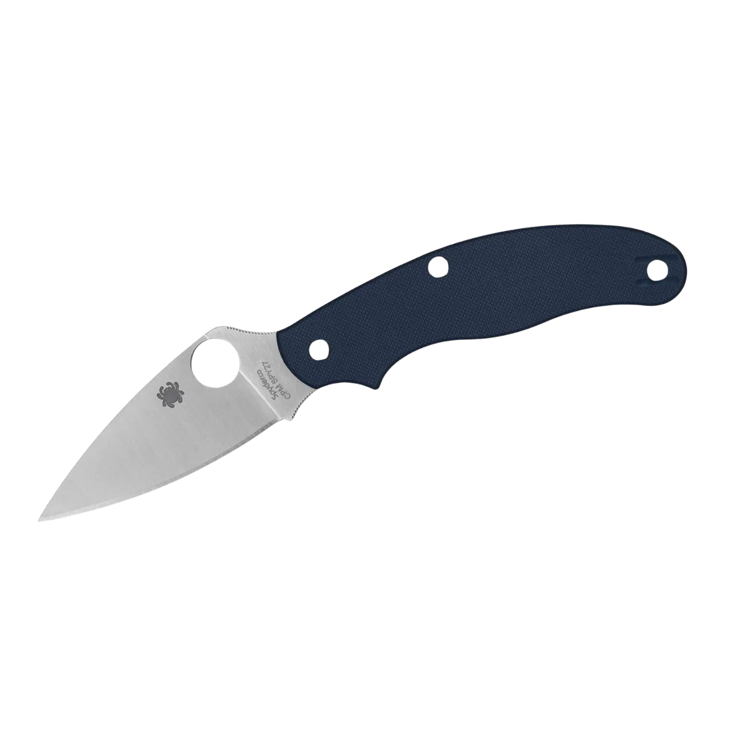 Klappmesser mit glatter Klinge, blauer G10-Griff und rundem Öffnungsloch nahe der Klingenbasis