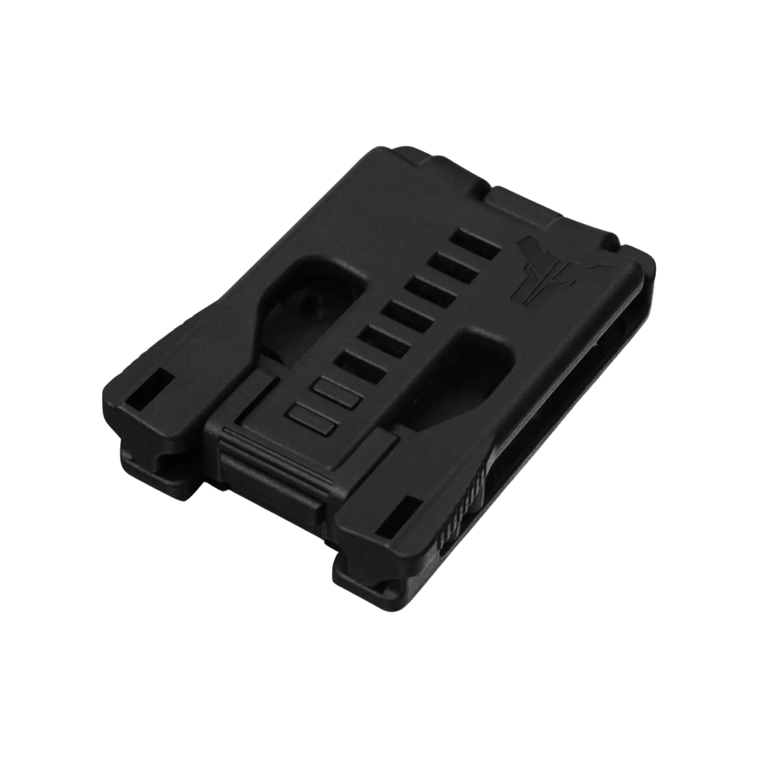 Bladetech Tek-Lok Tragesystem aus schwarzem Kunststoff mit verstellbarem Clip und Rillen für sicheren Halt