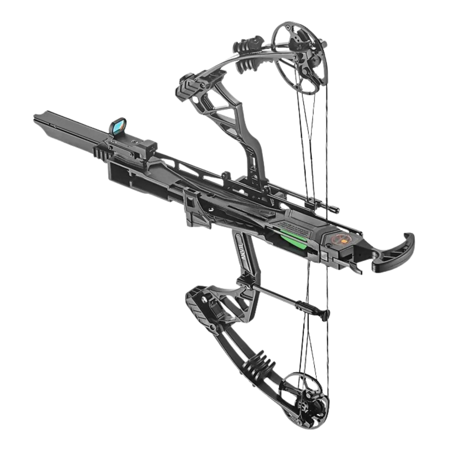 WHIPSHOT Compound Bogen mit Magazin Schwarzer Compoundbogen mit Magazin, Seilzügen und Visier, seitliche Ansicht.