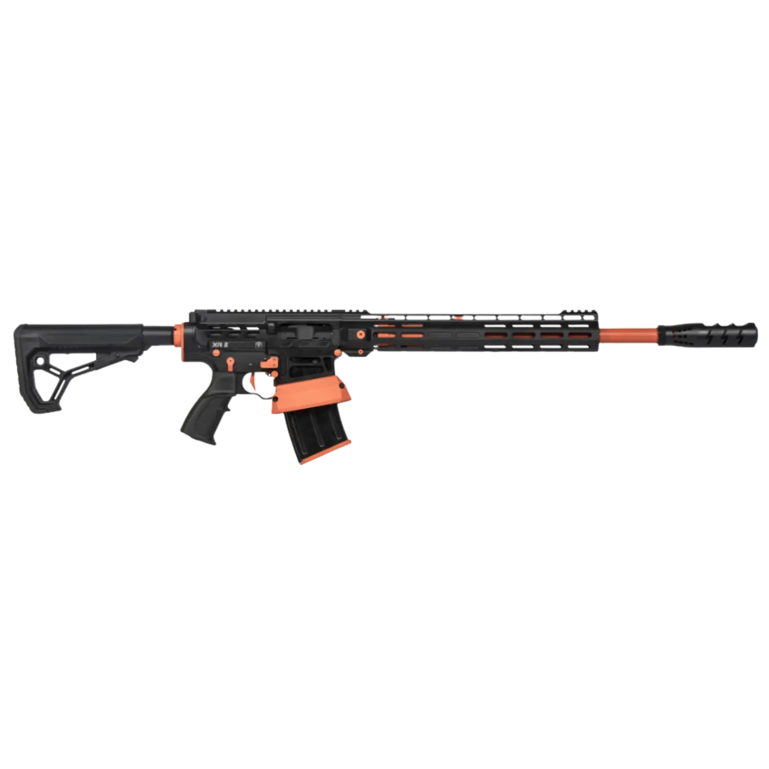 Huglu XR-8, ein halbautomatisches Gewehr mit schwarzem und orangefarbenem Design, langer Lauf, ergonomischem Griff und abnehmbarem Magazin.
