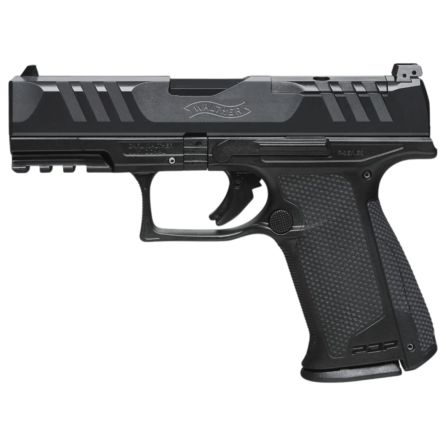 Walther PDP F-Series OR 4" Kaliber 9mm Luger Walther PDP F-Series, 4 Zoll, 9mm, schwarze Pistole mit strukturiertem Griff, sichtbare Abzugsmechanik und Picatinny-Schiene.