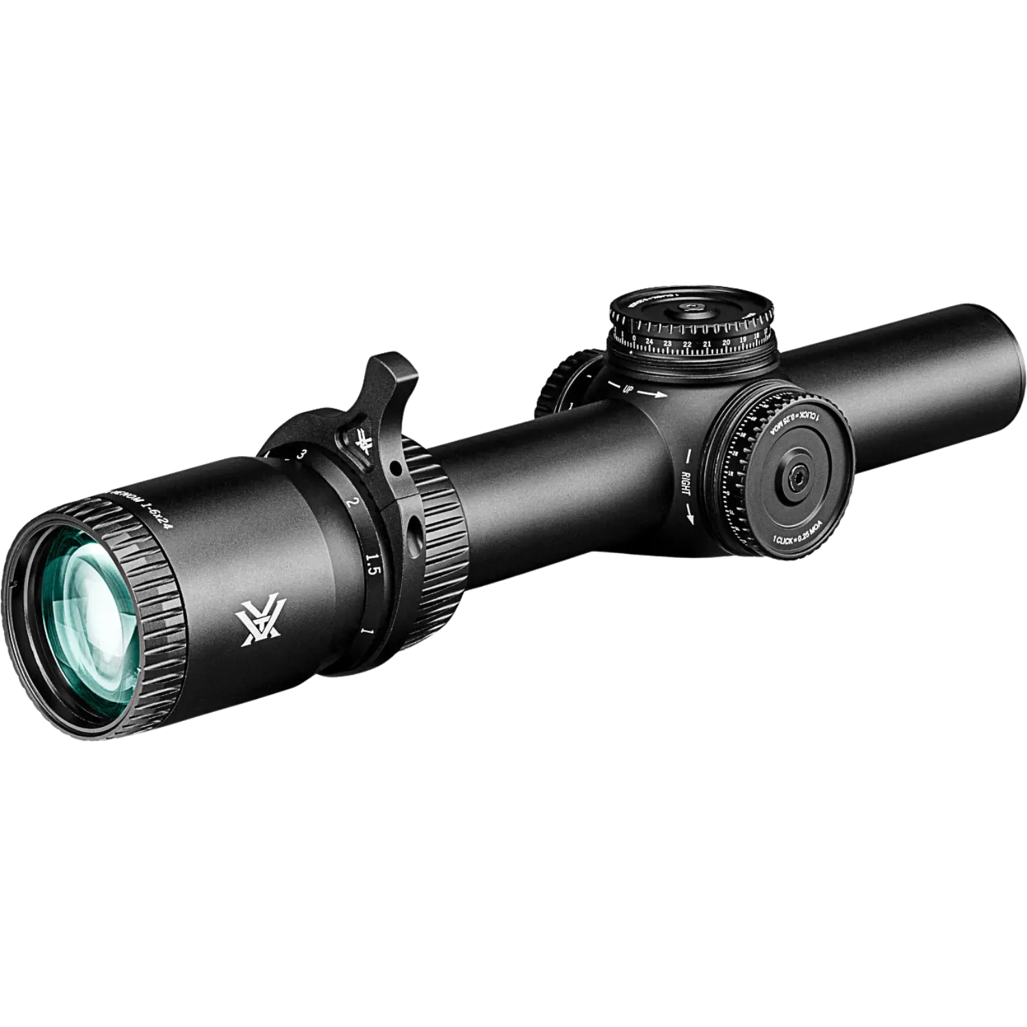 Vortex Zielfernrohr Venom 1-6x24 SFP AR-BDC3 Vortex Zielfernrohr Venom, schwarzes Gehäuse, länglicher Körper mit verstellbarem Okular und zwei Turmknöpfen für die Einstellung. Vortex Logo links.