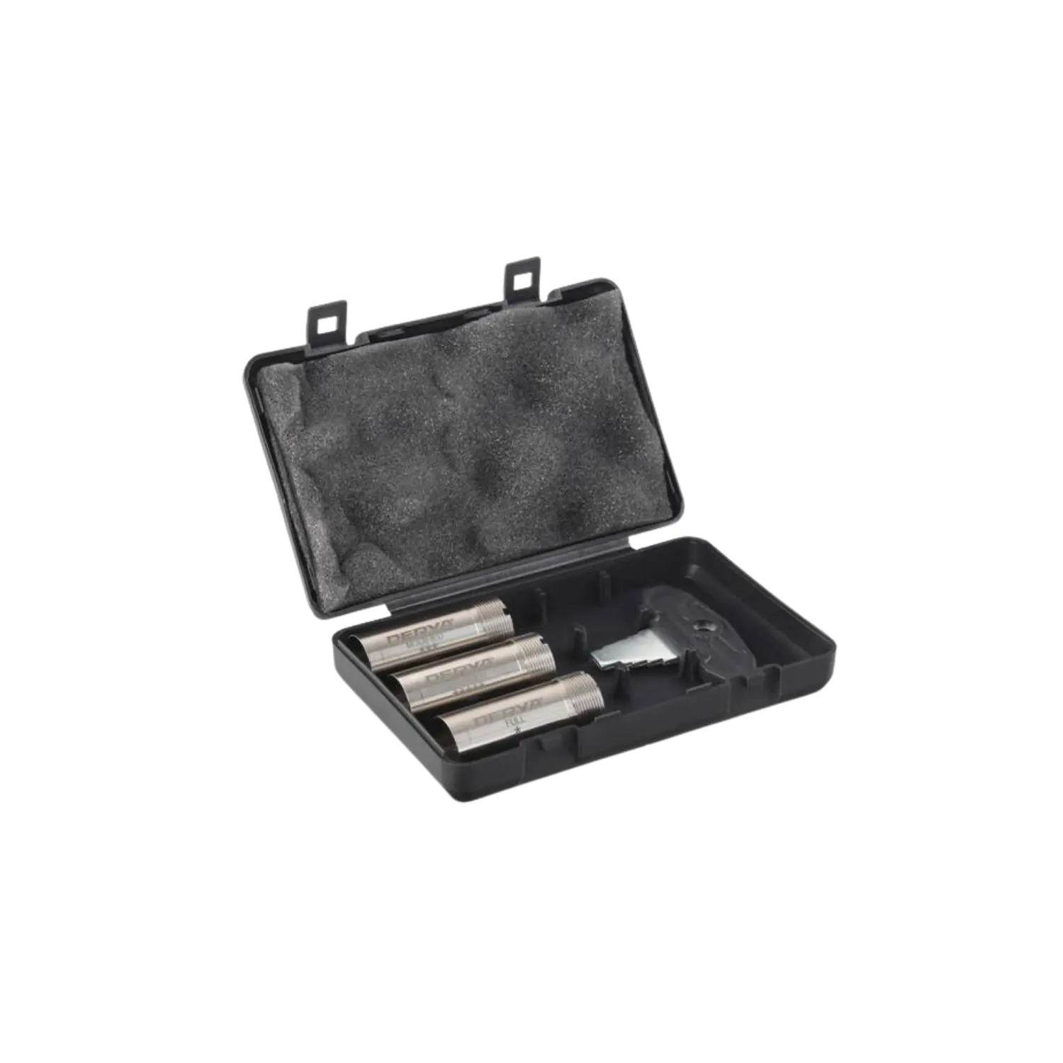 Offenes schwarzes Kunststoffetui mit drei silbernen Derya-Wechselchokes und einem Werkzeug.