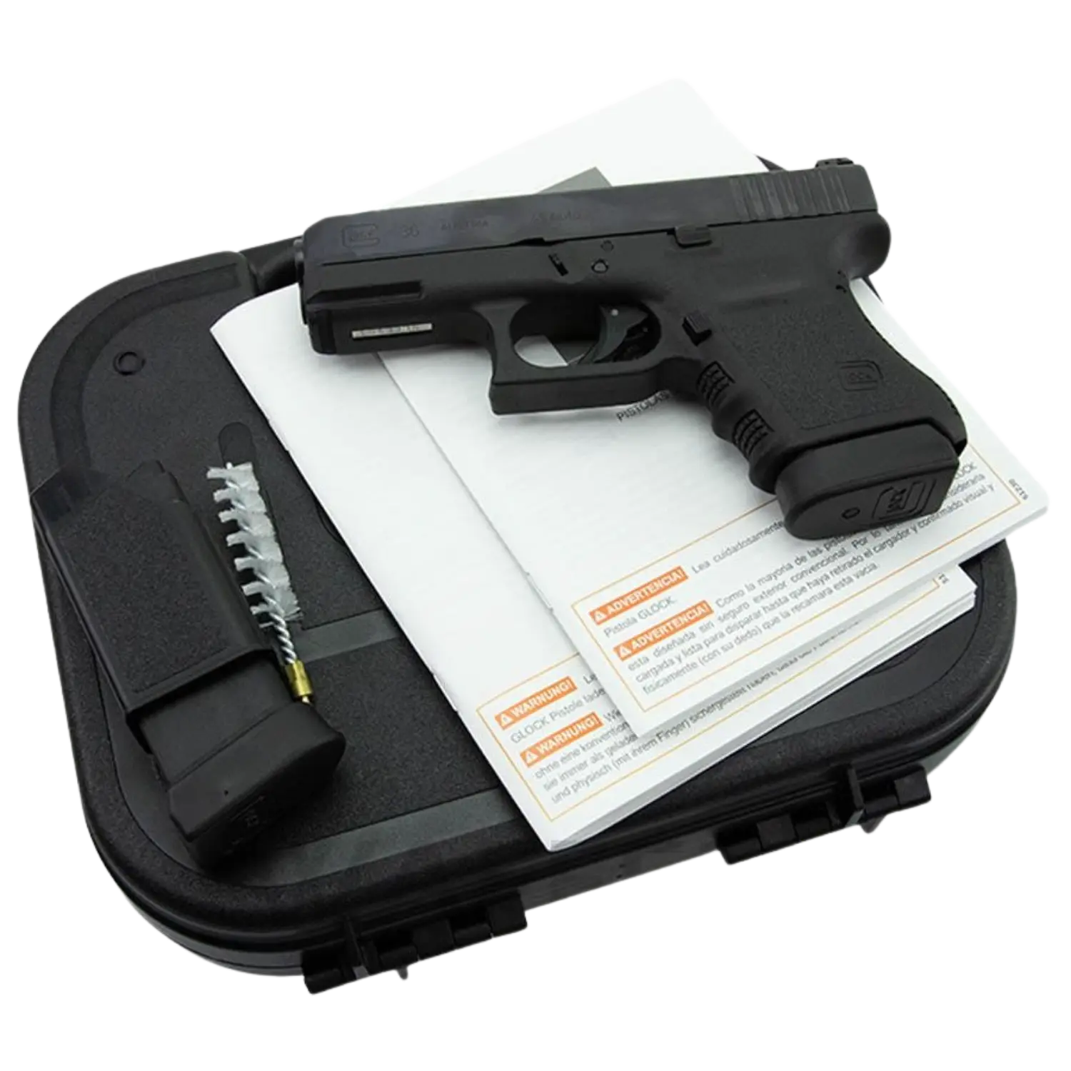 Schwarze Pistole Glock 36 Kaliber .45 Auto auf Bedienungsanleitung liegend, daneben Magazin mit Reinigungsbürste, alles auf schwarzem Kunststoffkoffer.
