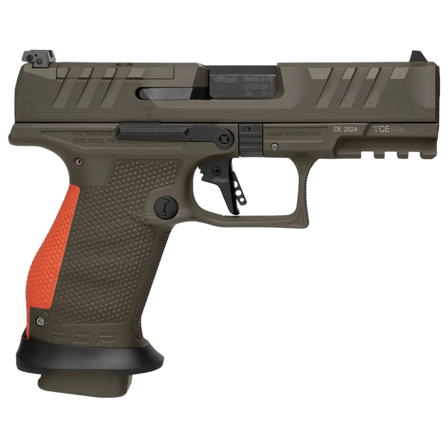 Walther PDP Compact Pro, 4 Zoll Sondermodell, halbautomatische Pistole in Olivgrün mit orangefarbenem Griffstück und schwarzem Magazin.