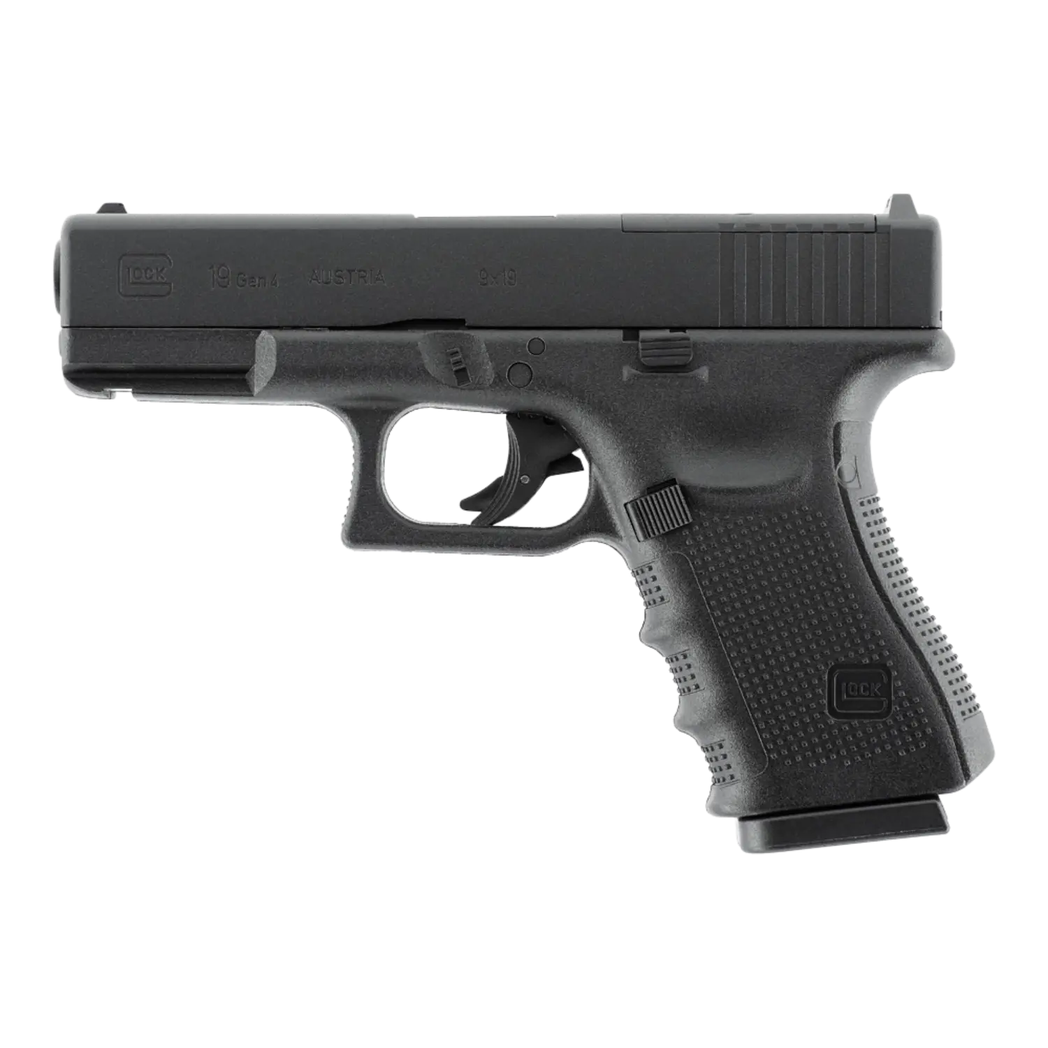 Schwarze CO2-Pistole mit geriffeltem Griff, Abzug und Visier, Seitenansicht rechts