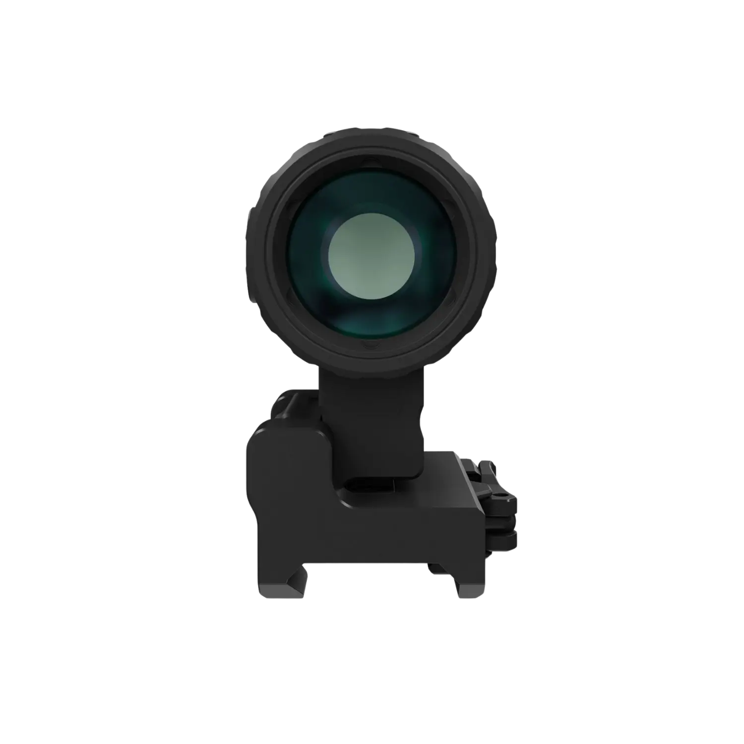 Schwarzer Holosun Magnifier HM3X von vorne mit rundem Objektiv und Montageschiene