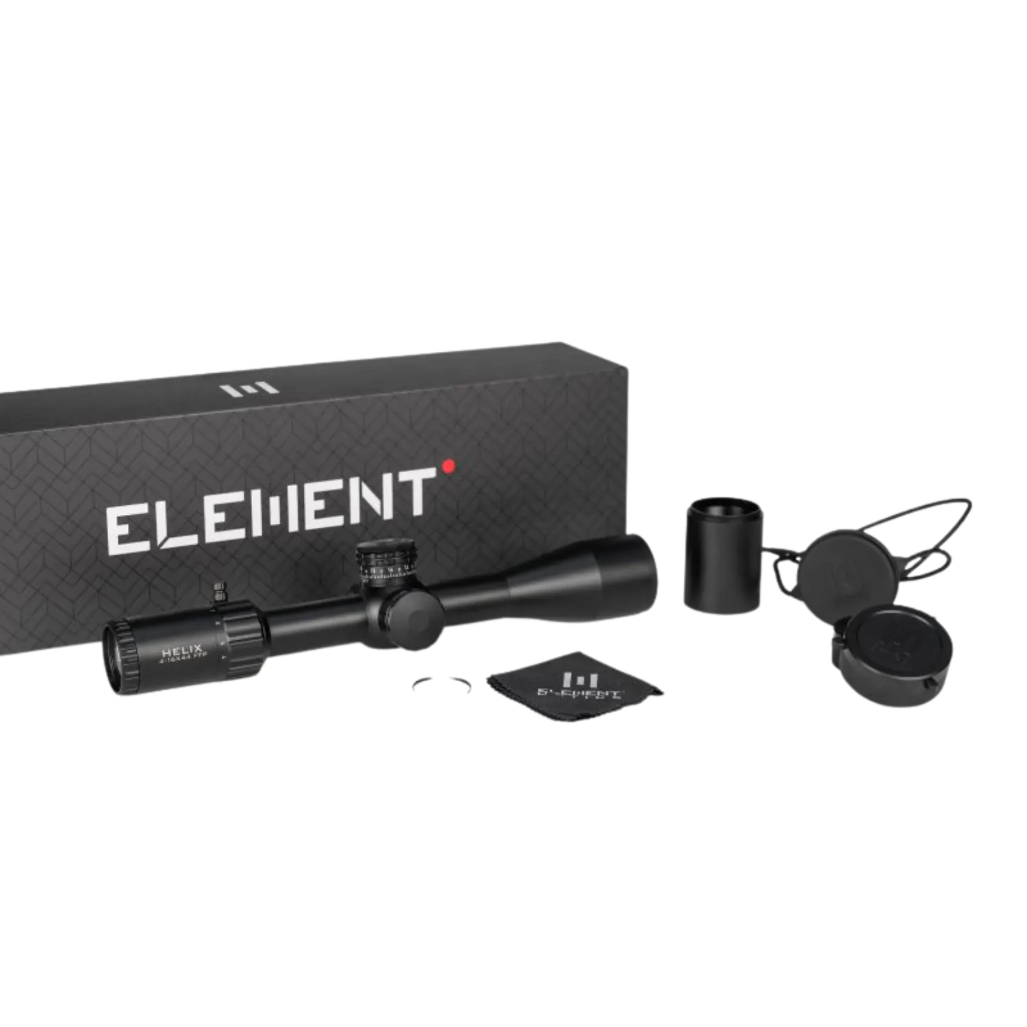 Element Optics Zielfernrohr Helix Gen2 4-16x44 mit Okularschutzkappen, Reinigungstuch, Montageringen und schwarzer Verpackung mit weißer Aufschrift 'ELEMENT'