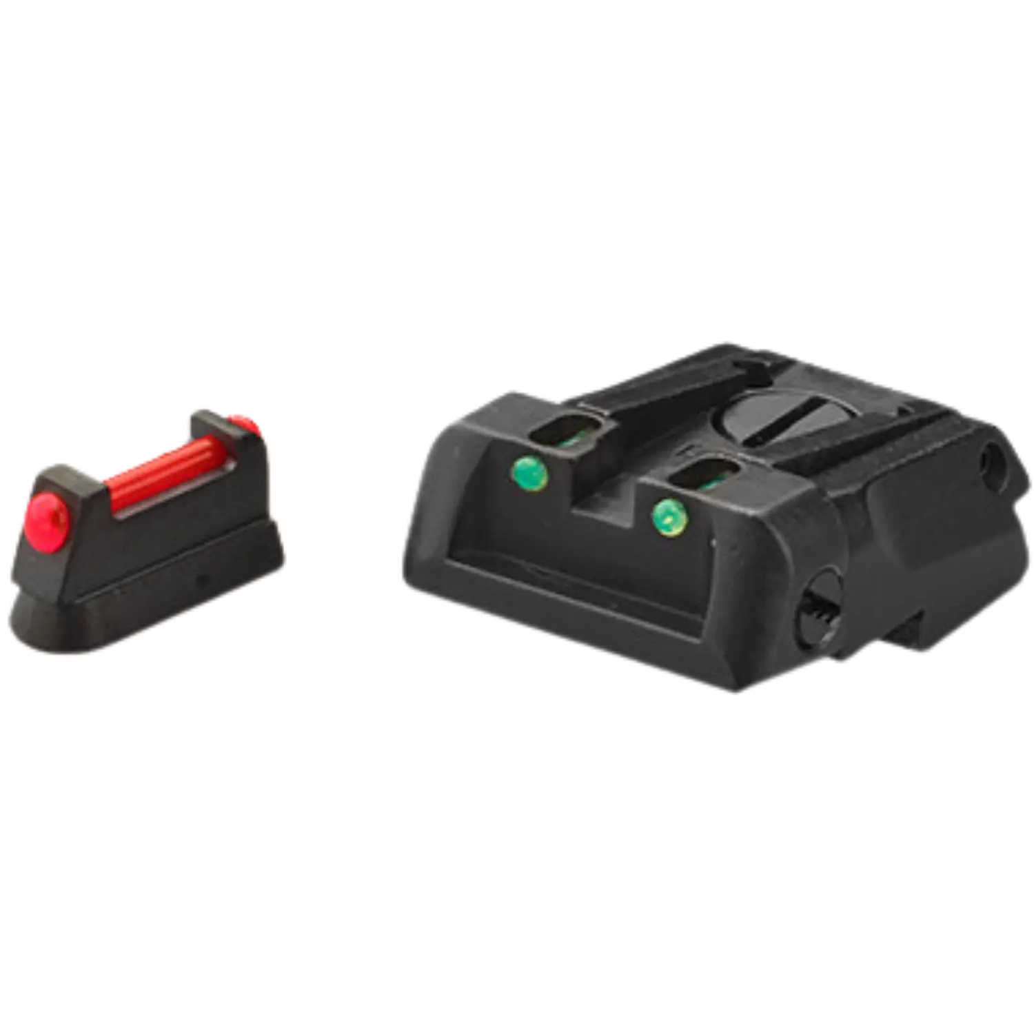 Zwei schwarze Fiber-Optic-Visierelemente, eines mit rotem Korn und eines mit zwei grünen Punkten.
