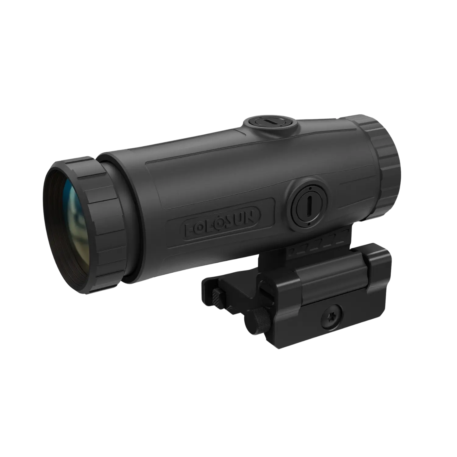 Schwarzer Holosun Magnifier HM3X mit zylindrischem Gehäuse und Montageschiene